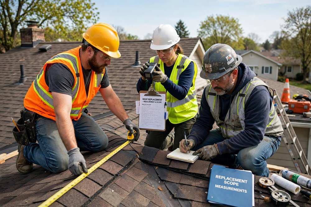 Crew measuring a roof surface for a replacement scope