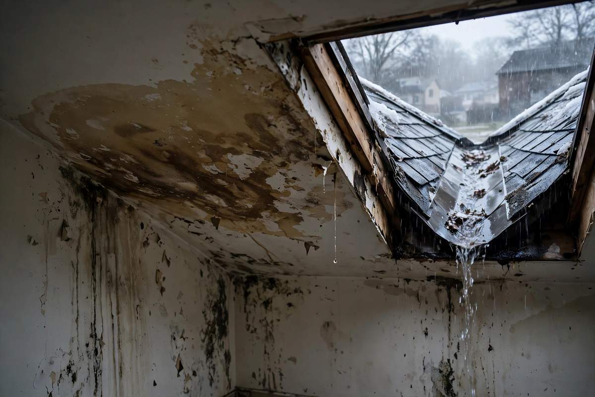 Ceiling stain and roof valley after heavy winter rain