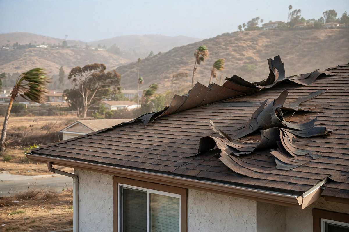 Shingles lifted by Santa Ana wind on a Valley home roof