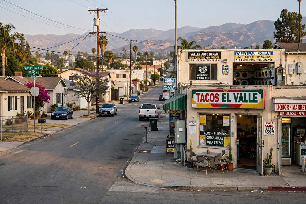 Mixed homes and small commercial buildings along a Valley corridor