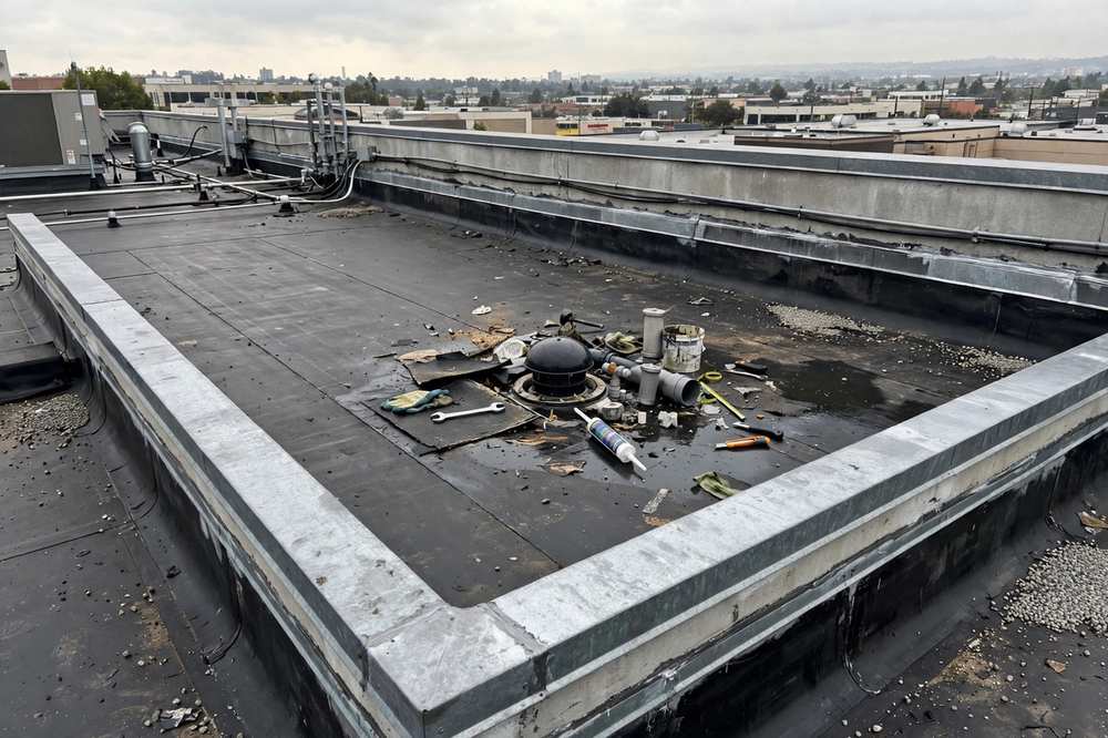 Low-slope commercial roof with parapet and drainage work