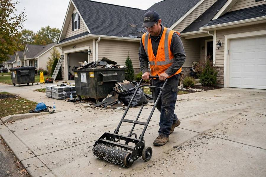 Crew member rolling a magnetic nail sweeper across a driveway