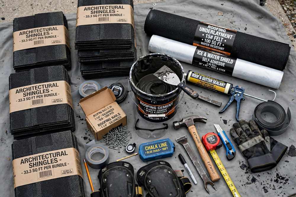 Roofing tools and materials laid out for a roofing job