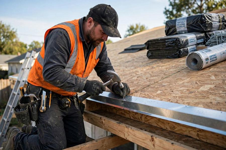 Roofer nailing metal drip edge along a roof eave