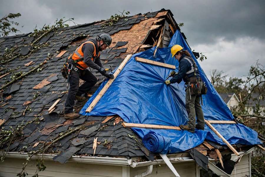 Roofers securing an emergency tarp over a storm-damaged roof section