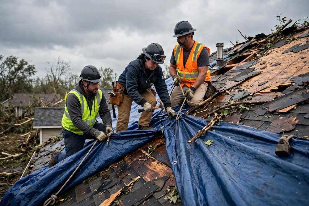 Crew securing a protective tarp over a storm-damaged roof section