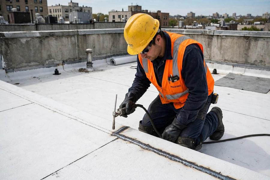 Roofer heat-welding a white TPO membrane seam on a flat roof