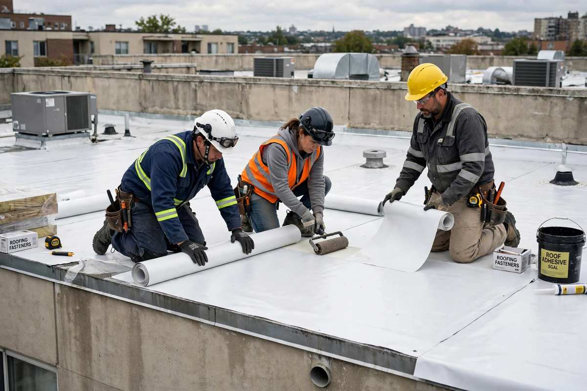 Crew installing a white low-slope membrane on a flat apartment roof