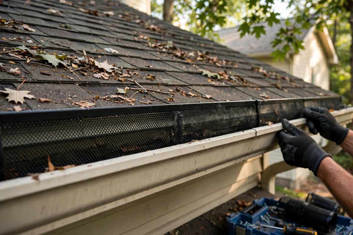 Gutter guard being fitted to keep tree debris out of a gutter
