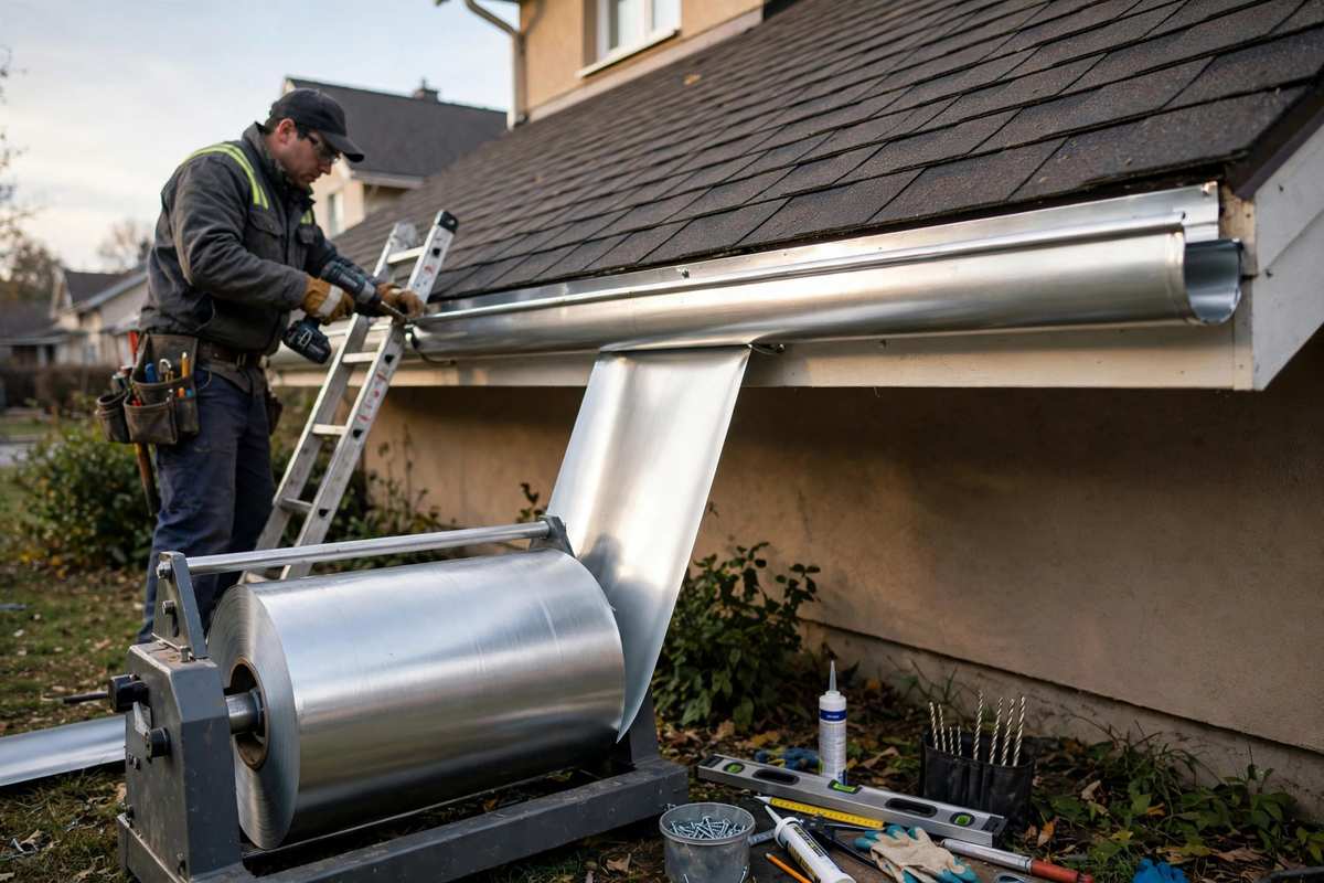 Seamless aluminium gutters being installed along a roof edge