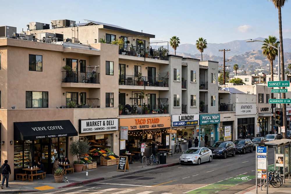 Commercial spine with mixed-use buildings and flat roofs