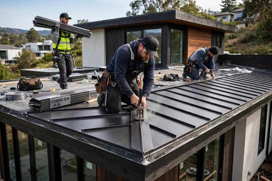 Roofers installing standing-seam metal roof panels