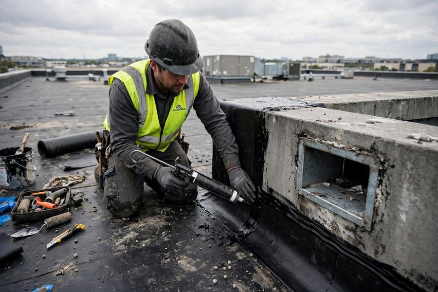 Roofer sealing membrane flashing up a parapet wall