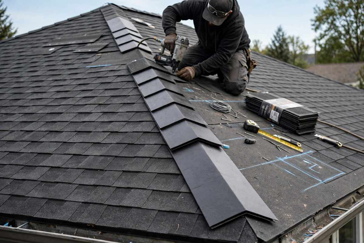 Ridge cap installation on a pitched shingle roof