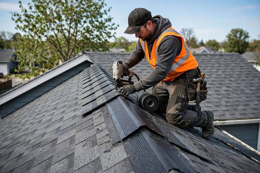 Roofer installing a ridge vent and ridge cap shingles
