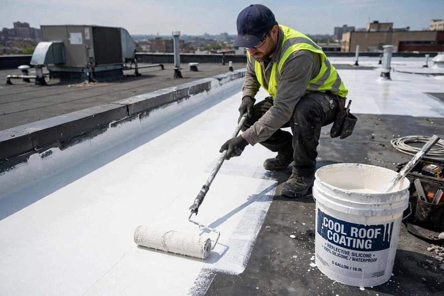 Roofer rolling reflective coating onto a low-slope roof
