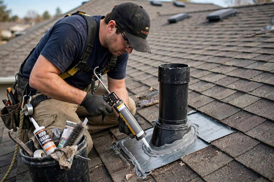Roofer applying sealant at a roof vent penetration