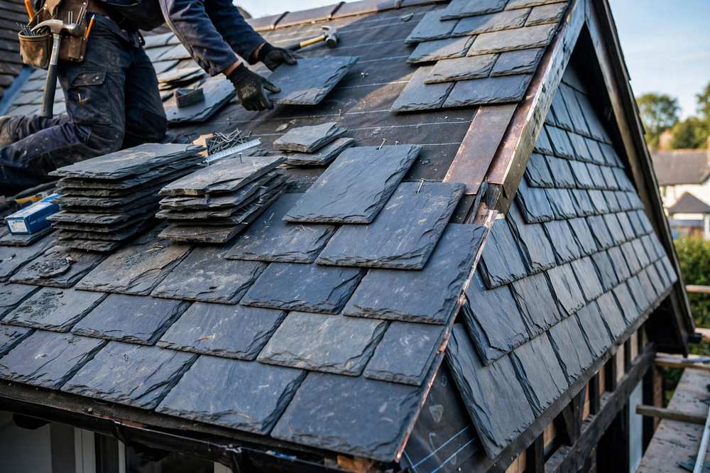 Natural slate tiles being laid on a steep premium roof