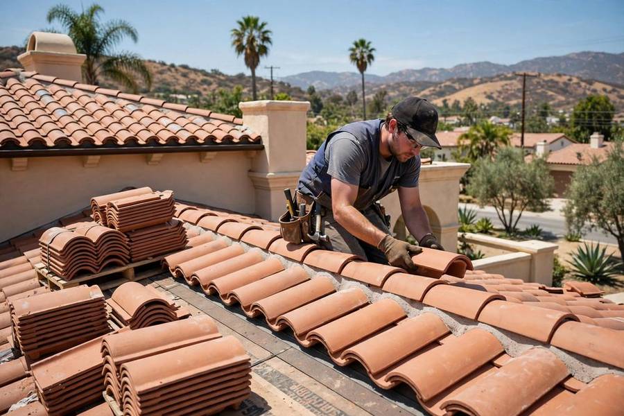 Roofer installing clay barrel tiles on a Spanish-style estate roof