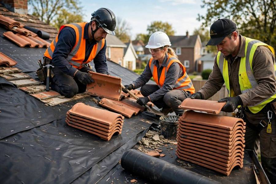Roofers lifting sound clay tiles for re-laying over new underlayment