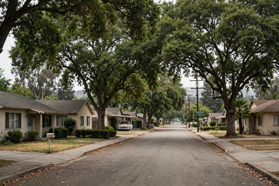 Street of postwar tract homes with pitched shingle roofs
