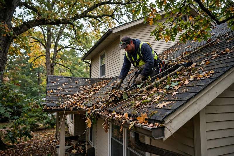 Roofer clearing leaves and debris from a roof valley and gutter