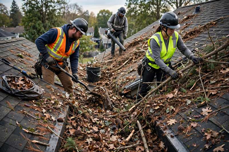 Roof valley filled with tree debris being cleared by a roofing crew