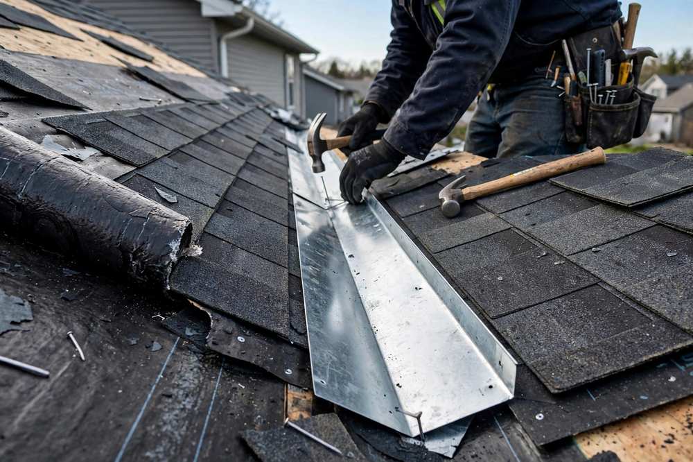 Valley flashing being installed where two roof planes meet