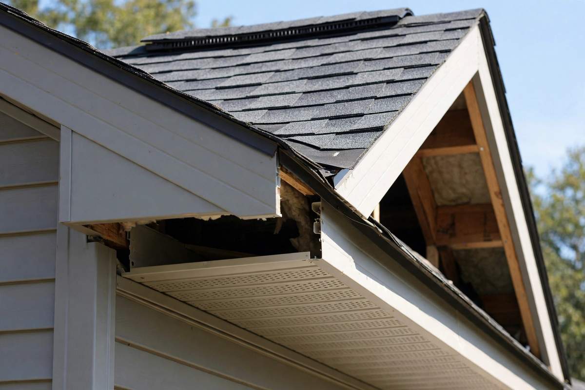Soffit and ridge ventilation detail at a roof eave
